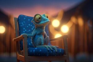 Chillaxin' Cham A Photorealistic Cartoon Chameleon Relaxing in a Beach Bar Lounger photo