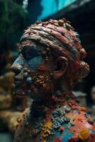 Coral-Encrusted Ancient Sculpture Head in Underwater Setting photo