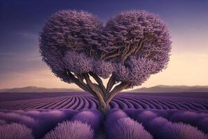 Red blossom tree in heart shape with happiness. Valentine tree for decoration romantic concept. lavender field photo