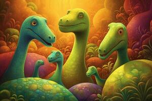 Whimsical and Colorful Digital Art Hilarious Brachiosaurus Dinosaur Comic Illustration photo