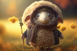 mullido aventureros linda pequeño oveja en su de lana abrigos explorador el dorado prado ai generado foto