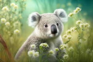 Koala sits on a green meadow in spring among flowers content photo