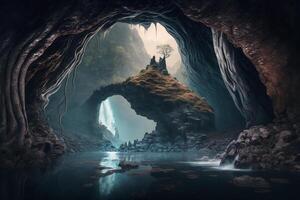 Enchanting View from Cave of Blue-Glowing Waterfalls and Streams among Rocks photo