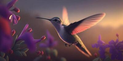 flying hummingbird closeup in purple color scheme illustration photo