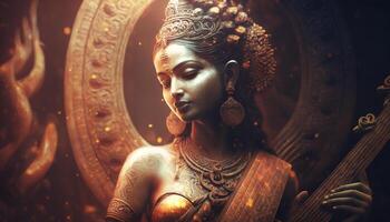 Divine Saraswati A Beautiful Portrait of the Hindu Goddess of Wisdom and Music photo