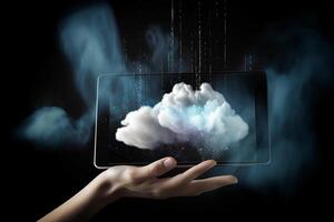 nube informática concepto mano participación tableta con nube y datos en oscuro antecedentes ai generado foto