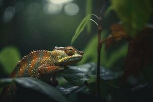 Chameleon perched on a vibrant green leaf in nature photo