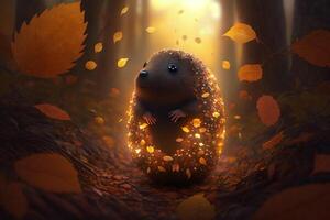 Illustration Funny mole in golden autumn with colorful leaves in the forest content photo