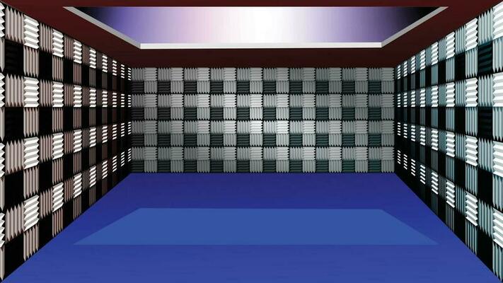 Studio recording room illustration with soundproofing wall. 3D virtual deep perspective. Empty recording room with sound reducing texture