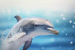 agraciado salto un delfín saltando fuera de el agua en un chapoteo de azul ai generado foto