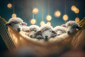 linda y soñoliento pequeño oveja tomando un siesta en un hamaca ai generado foto