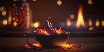 ilustración de cuenco de chile con chile pimientos, llamas y fuego ai generado foto