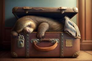 happy and tired sloth sleeps in a travel case leather suitcase and travels to a dream world photo