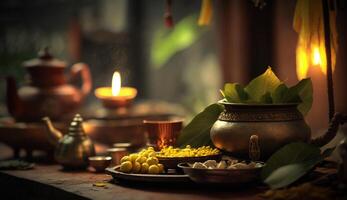 celebrando vishu el tradicional nuevo año de de habla malayalam hindúes ai generado foto