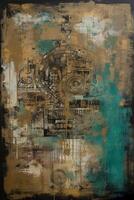 Industrial Elegance A Captivating Fusion of Collage and Paint in Large Canvas Paintings, Adorned with Turquoise and Sepia Tones photo