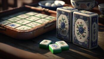 Colorful Chinese Mahjong Set with Tiles, Dice and Counters on Table photo