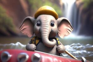 Little Funny Elephant Having Fun White Water Rafting in a Kayak photo