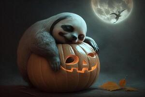 Exhausted tired sloth has fallen asleep on a Halloween pumpkin photo