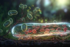 Vibrant 3D Illustration of the Biochemical Process of Cell Respiration with Mitochondria in Microscopic View AI generated photo