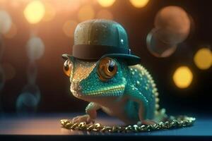 el gangsta camaleón con un gorra y oro cadenas ai generado foto