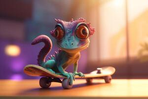 Skating through the city A cool photorealistic cartoon chameleon on a skateboard photo