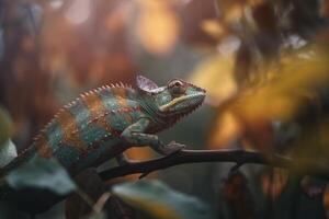 Camouflaged Chameleon perched on jungle tree branch photo