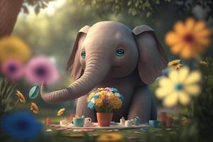 Jovial elephant having a picnic in a flowery meadow photo