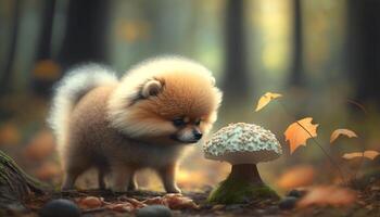 curioso pomeranio perro olfatea seta en el bosque ai generado foto