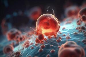 Microscopic view of colorful 3D illustration of damaged cells undergoing apoptosis photo