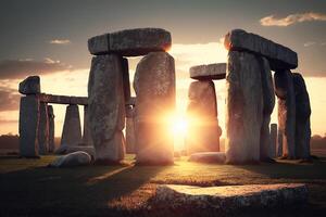 ilustración Stonehenge con puesta de sol prehistórico Monumento ai generado foto