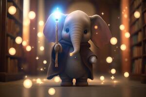 el linda pequeño elefante como un mago con un brillante varita mágica y un capa ai generado foto