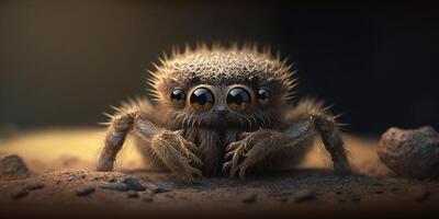 cerca arriba gracioso pequeño bromeando araña con cuatro ojos ai generado ilustración foto