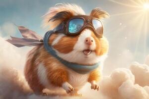 Cute funny illustration of flying guinea pig in fantasy world with clouds and blue sky photo