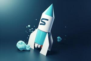 Symbolic 3D Rendering of White Rocket Model against Blue Background for Startup Concepts photo