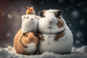 Cute guinea pig illustration in winter with snow photo