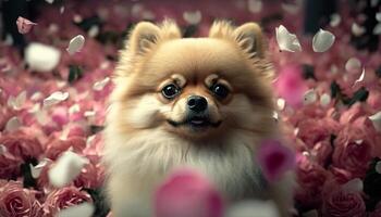 Adorable Pomeranian Dog Sitting in a Sea of Rose Petals photo