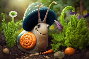 A funny enchanted imaginative snail like in a fairy tale photo