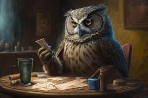 Owl sits at a poker table in a club photo