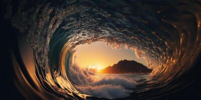 Illustration Looking through a dramatic ocean wave at sunset content photo