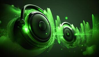 Green sound waves emanating from speaker on dark background, abstract photo