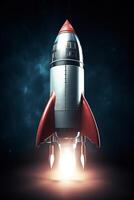 Launching into Success 3D Rendering of Rocket Model Against Dark Background photo