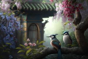 encantado jardín pequeño chino aves encaramado entre magia flores ai generado foto