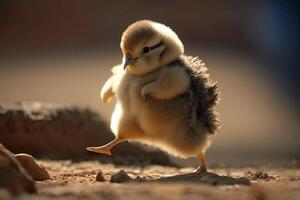 Funny little chick is marching on the field photo
