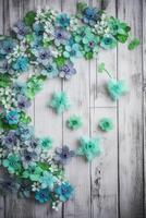 Blue Blossoms on Light Wooden Background photo
