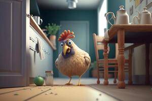 Solo chicken in a rural kitchen - The loneliness of the fowl photo
