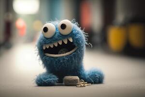 Fuzzy Blue Monster with Playful Cartoon Eyes and Big Smile photo
