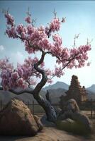 sereno chino paisaje con rosado cierne melocotón árbol ai generado foto