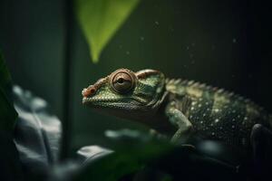 Chameleon perched on a vibrant green leaf in nature photo