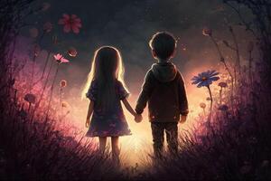 Illustration of a little boy and girl in a fantasy world holding hands from behind photo