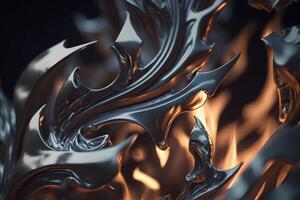 Abstract 3D illustration of metallic objects in flames with reflection photo